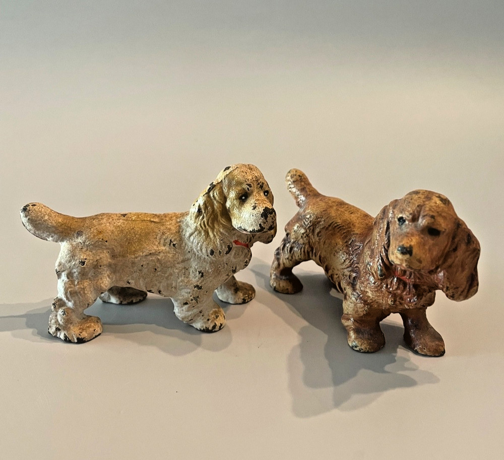 2 Vintage Hubley Solid Cast Iron Cocker Spaniel Dog Paperweight Figures