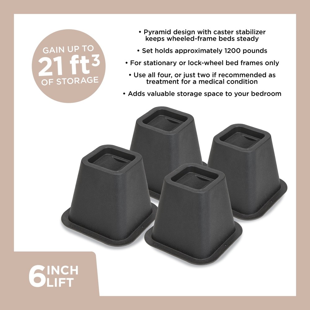 6 inch Plastic Bed Risers with Wheel Caster Stabilizer, Black, 2.29 lb