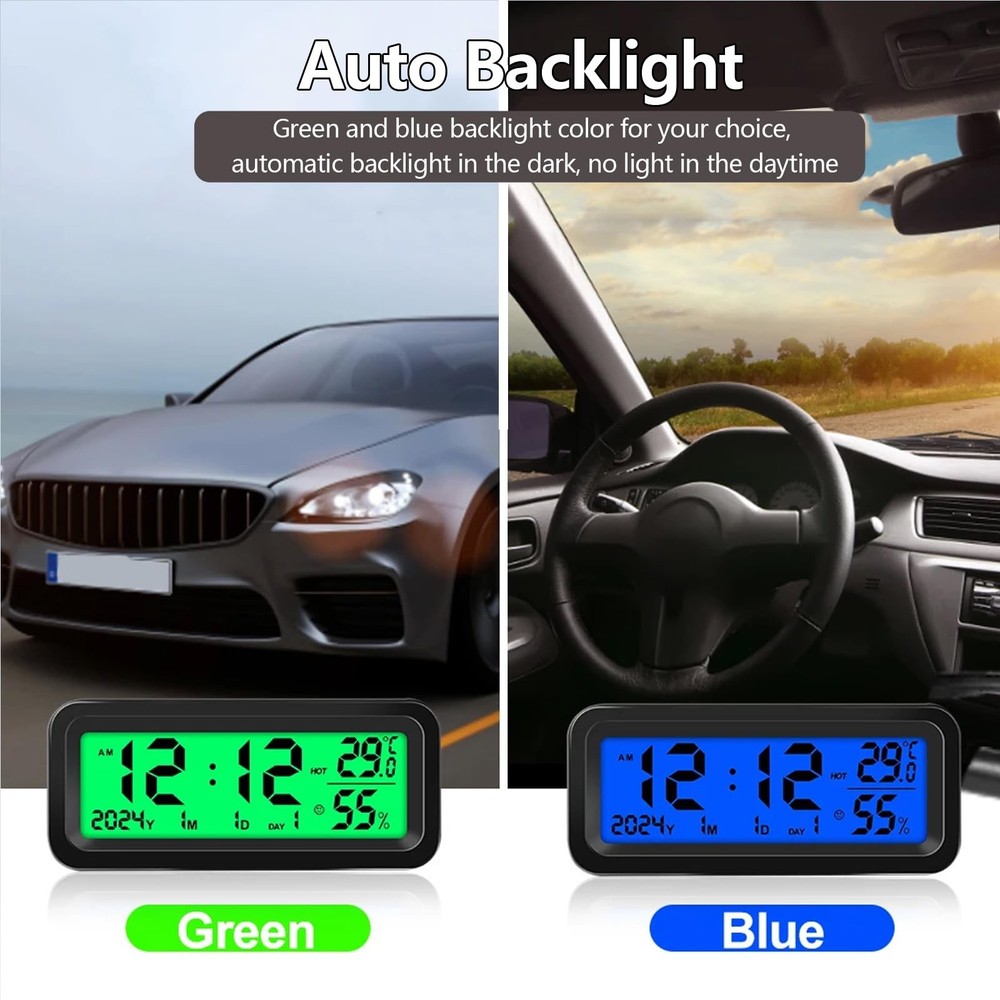 Car Dashboard Clock with Automatic Backlight at Night(Green & Blue), Temperat...