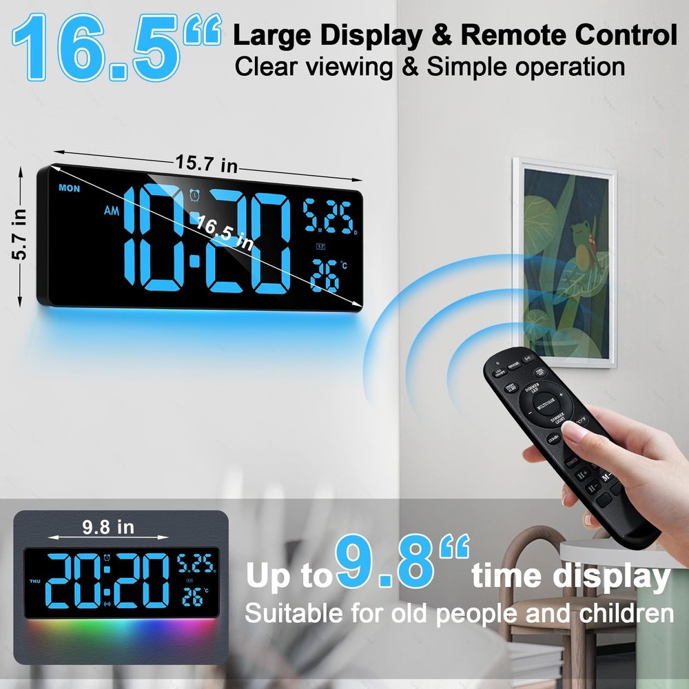 16.5" Digital Clock Large Display with Remote Control, 6-Color Night Light Di...