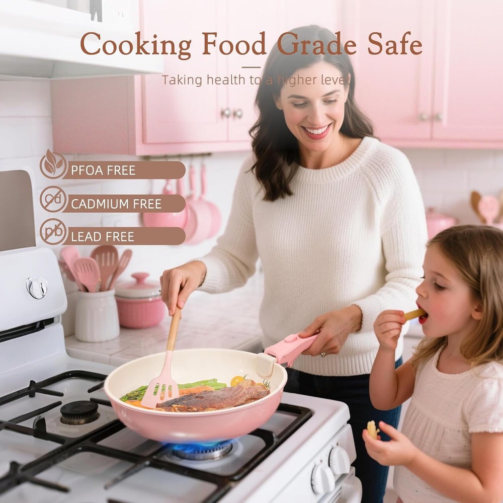 21Pc Nonstick Ceramic Cookware Set – Detachable Handle Stackable Pink