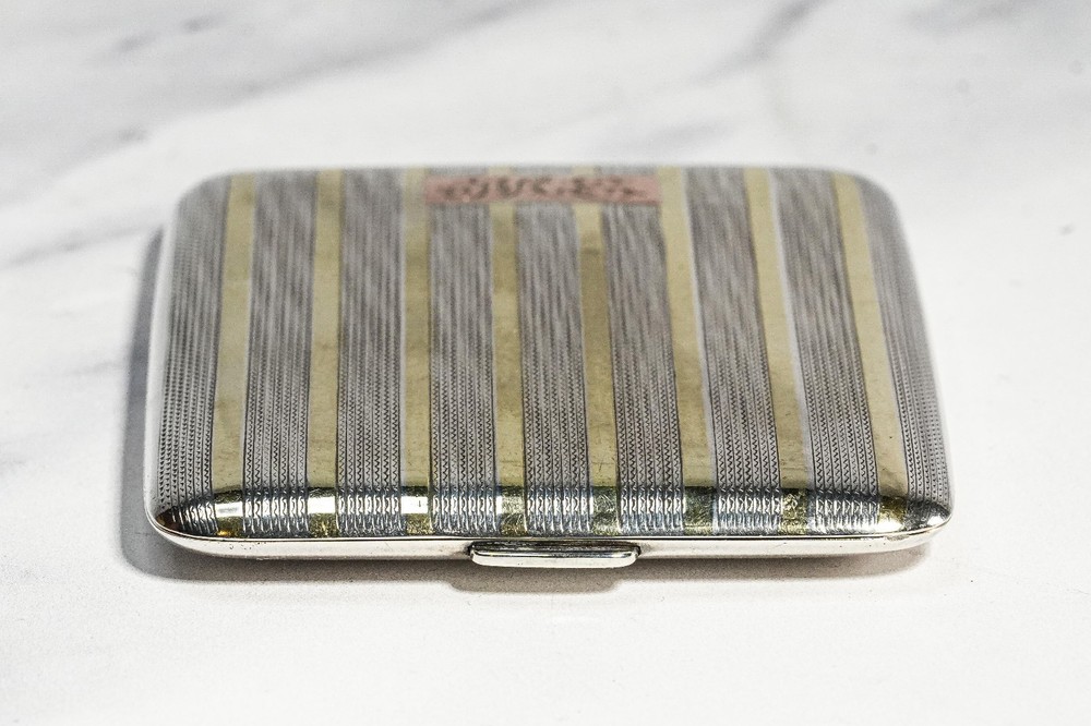 Nice Engine Turned Art Deco Antique Sterling Silver 14k Gold Cigarette Card Case