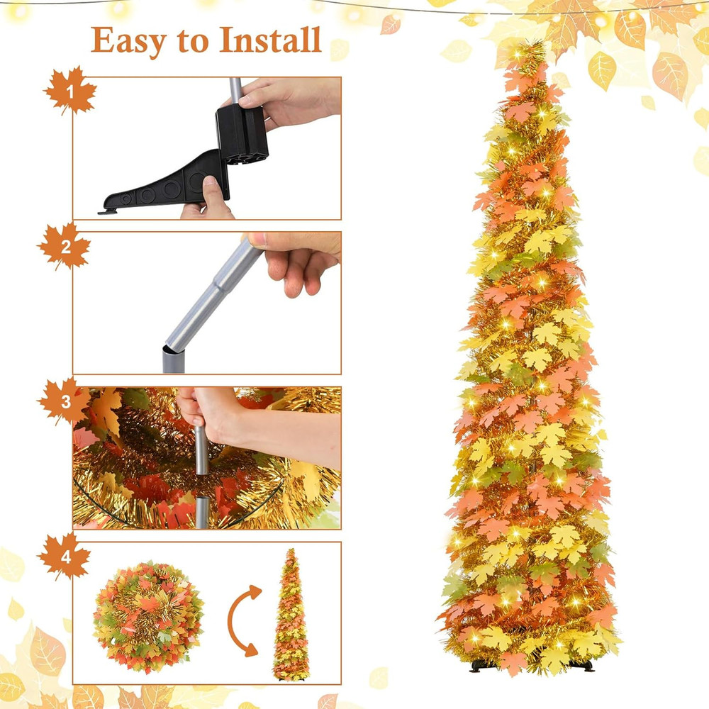 5FT 100 LED Fall Tree Collapsible Autumn Maple Leaf Pop up Tinsel Tree Decor