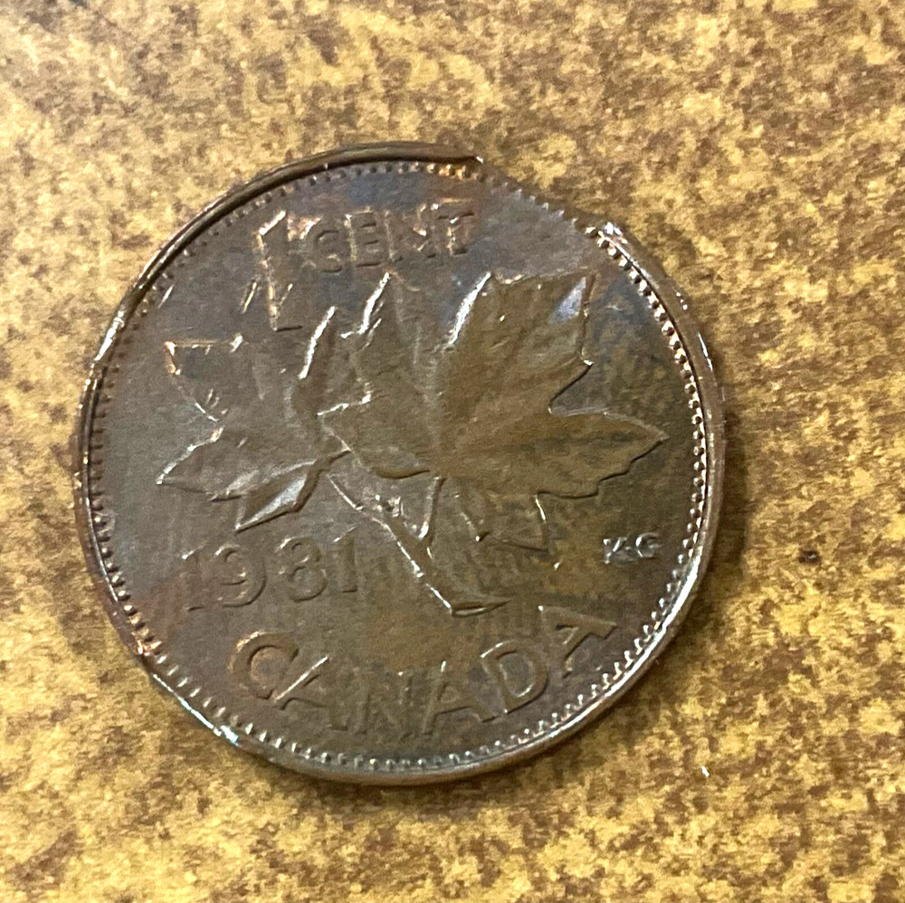 Canada 1981 cent bronze QE2 clipped planchet error curved CLIPS