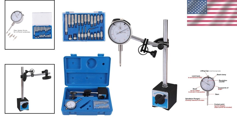 Magnetic Base Dial Indicator - Fine Adjustment, 9" Height, 22 Tips Included