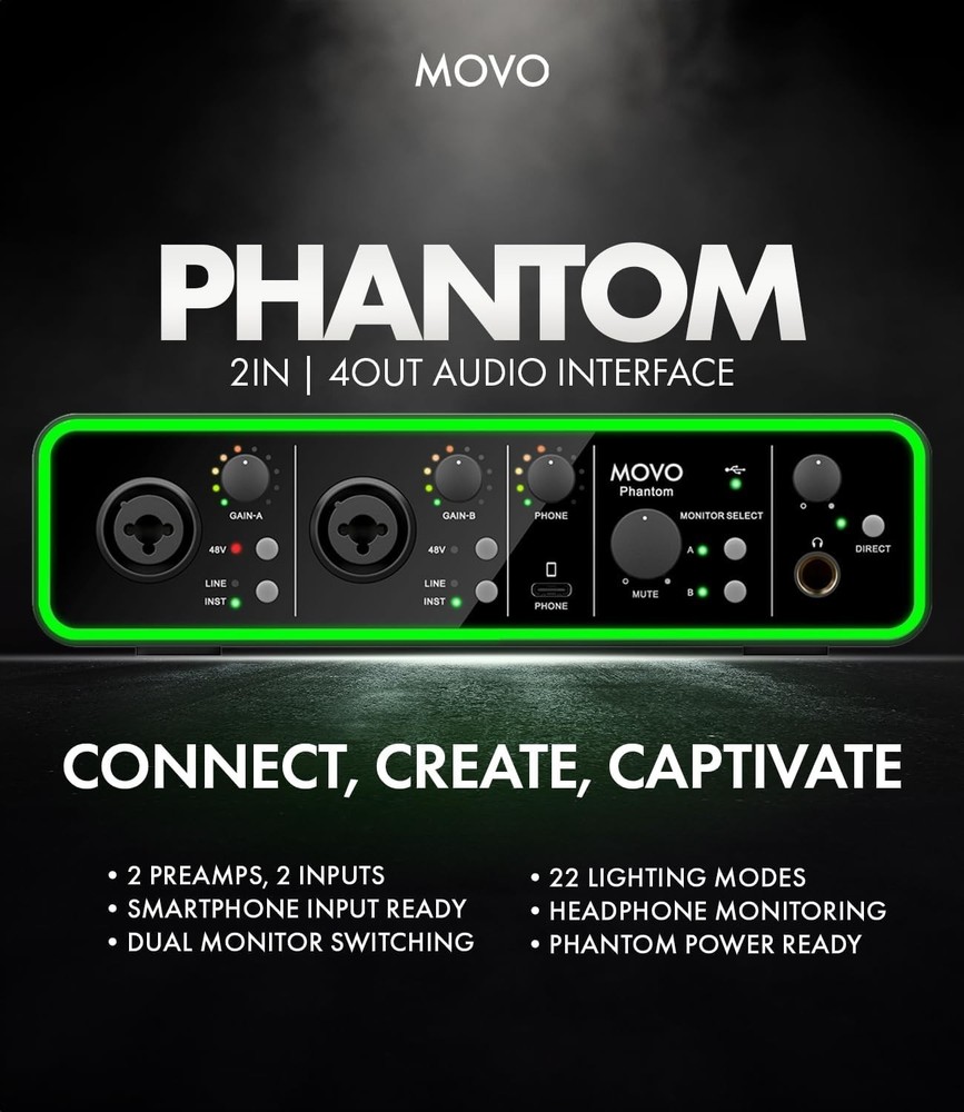 Movo Phantom Dual Channel USB/USB-C Audio Interface for Recording, Songwriting