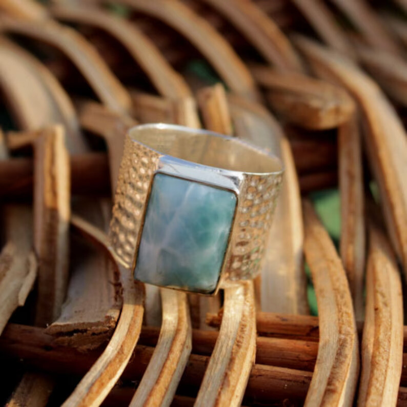 Larimar Gemstone Solid 925 Sterling Silver Statement Handmade Ring, All Size M20