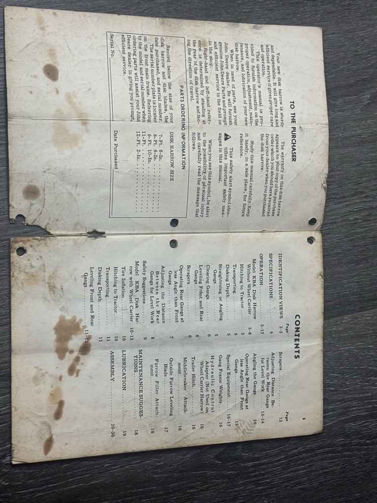 Operators Manual John Deere KBA Disk Harrow