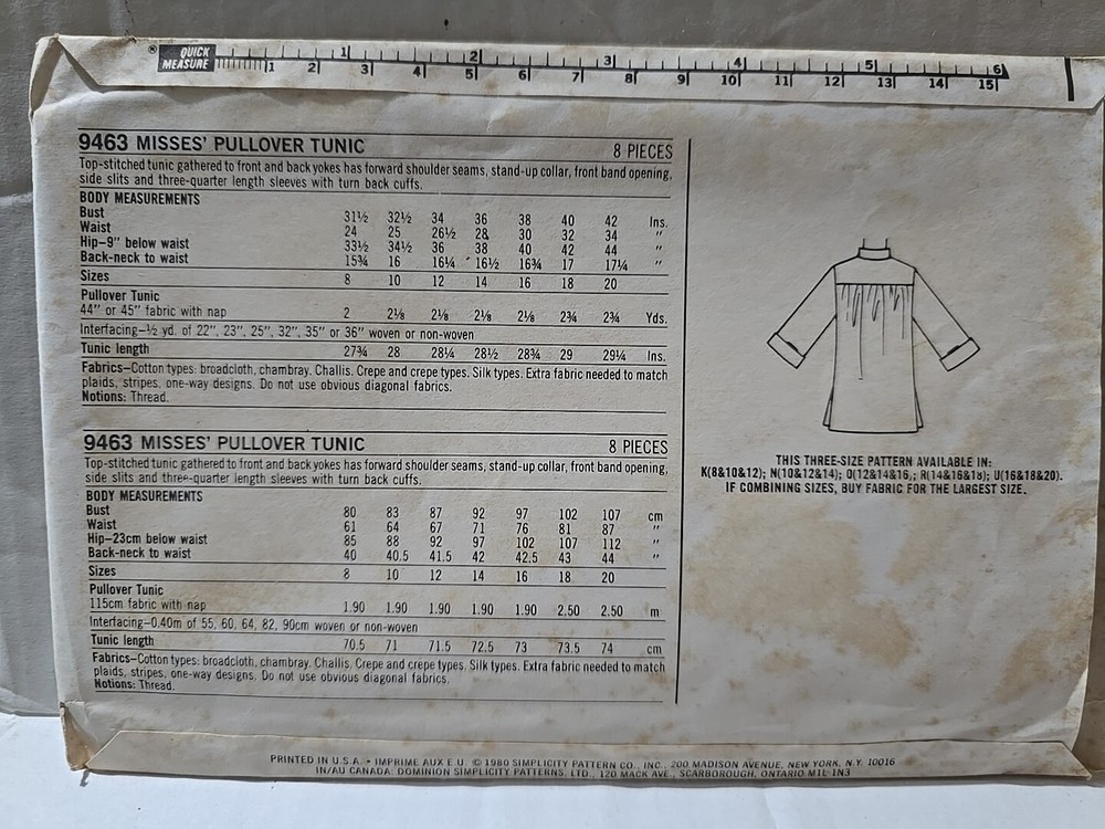 Simplicity Sewing Pattern 9463 Misses Pullover Tunic Size 12-14-16 -UNCUT-FF-