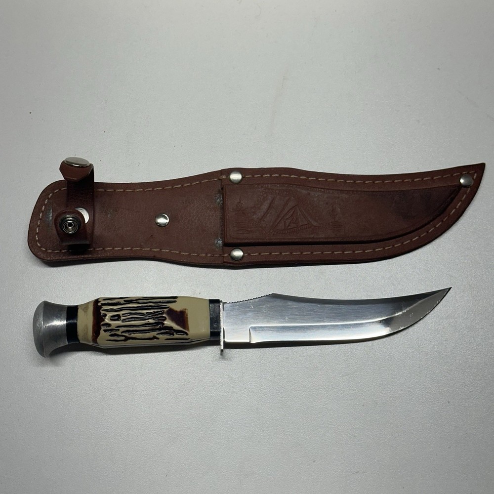 Fixed Blade Hunting Knife with Antler Handle & Sheath 5 Inch Blade Stainless
