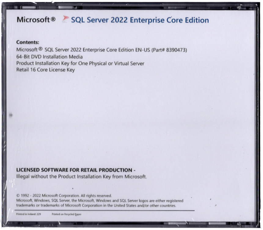 Microsoft SQL Server 2022 Enterprise with 16 Core License, unlimited User CALs
