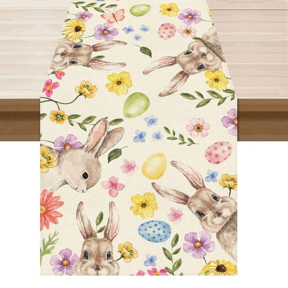 Watercolor Cute Bunny Eggs Rabbits Flowers Easter Table Runner Table Decorati...