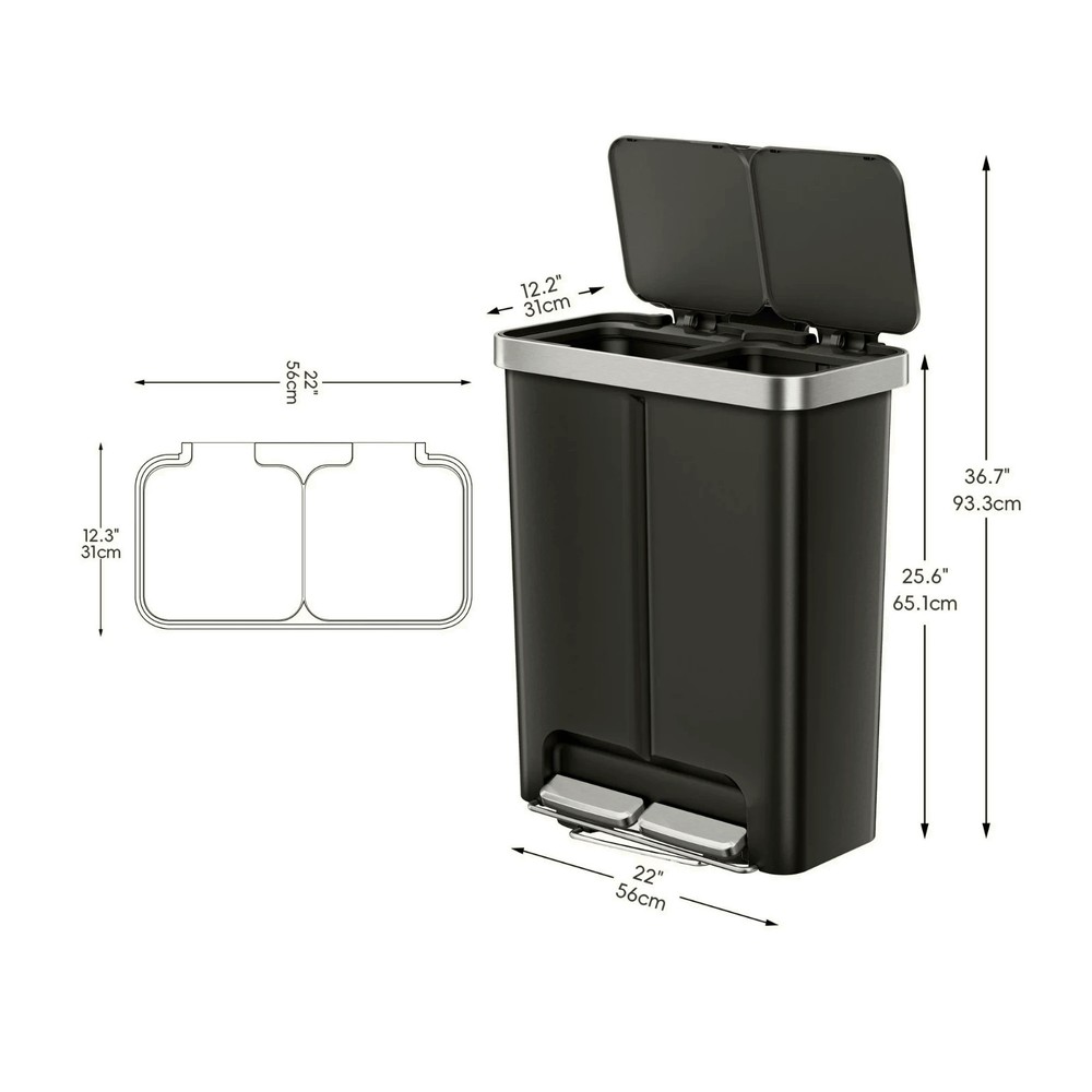 Kitchen Recycle Trash Can, 16 Gallon Plastic Dual Compartment Step Garbage Bin