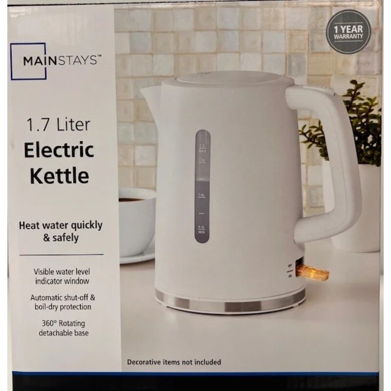 Mainstays 1.7L Electric Kettle, Color White, New Condition, Model MS8400778514-3