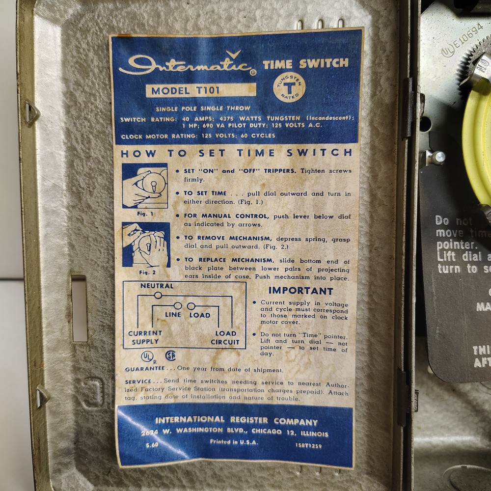 Inter-Matic Heavy Duty Timer Model T171 Single Pole Single Throw