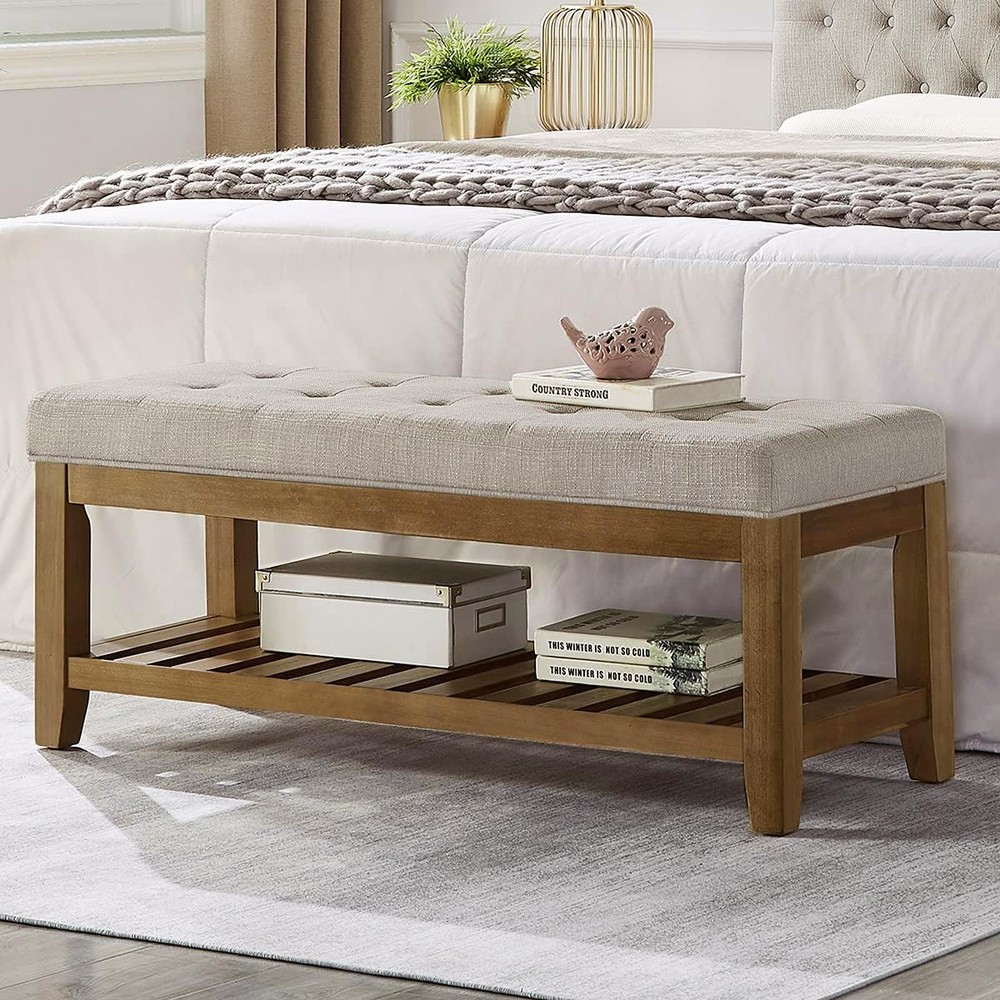 Large Rectangular Upholstered Tufted Linen Fabric Ottoman Bench, Padded Bench...