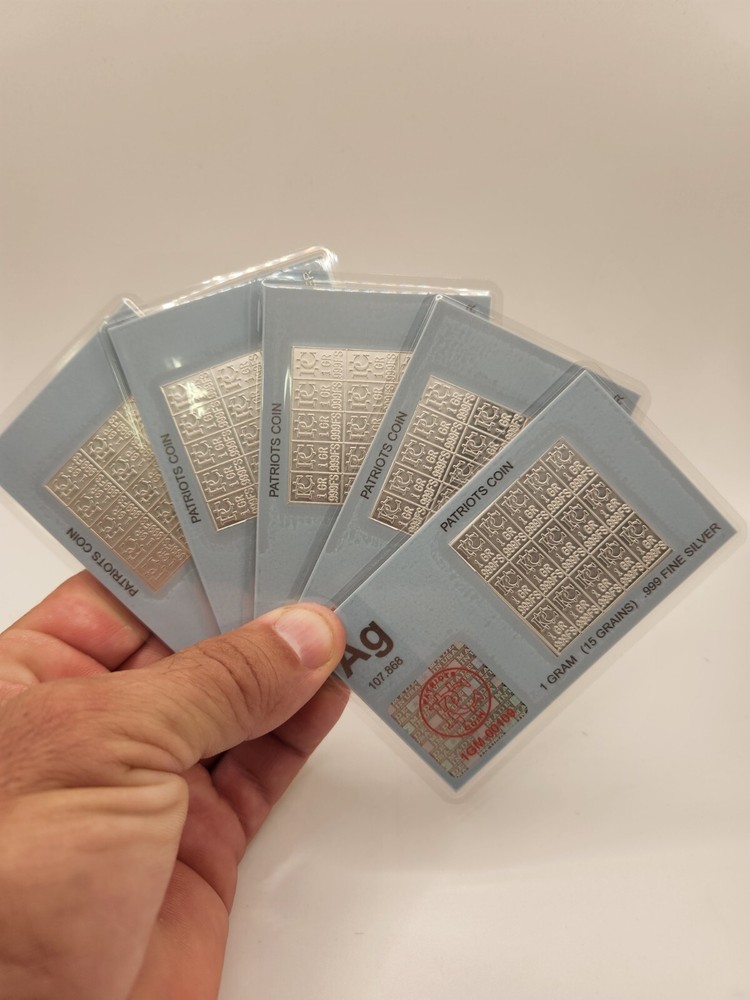 Five 1 Gram Silver Bars .999 Silver Bars Pure Silver Bars