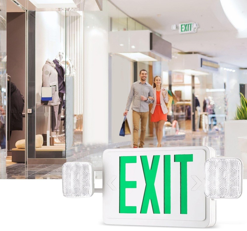 Two Adjustable LED Green Emergency Exit Lights w/ Battery Backup wall or ceiling