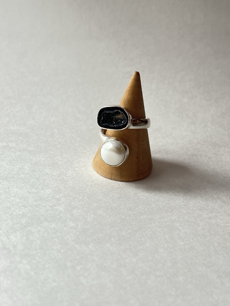 Pearl & Geode Adjustable Ring 925 Sterling Silver Size 7