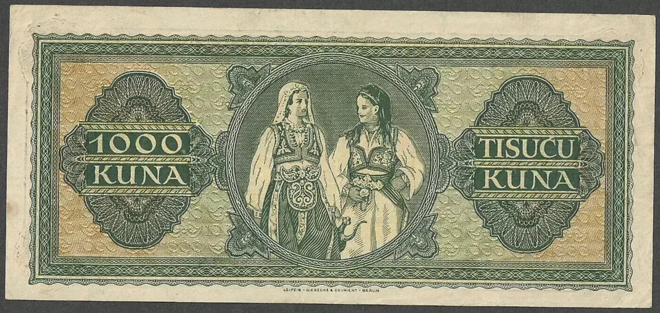 CROATIA 1000 KUNA 1943 P-13a BANKNOTE