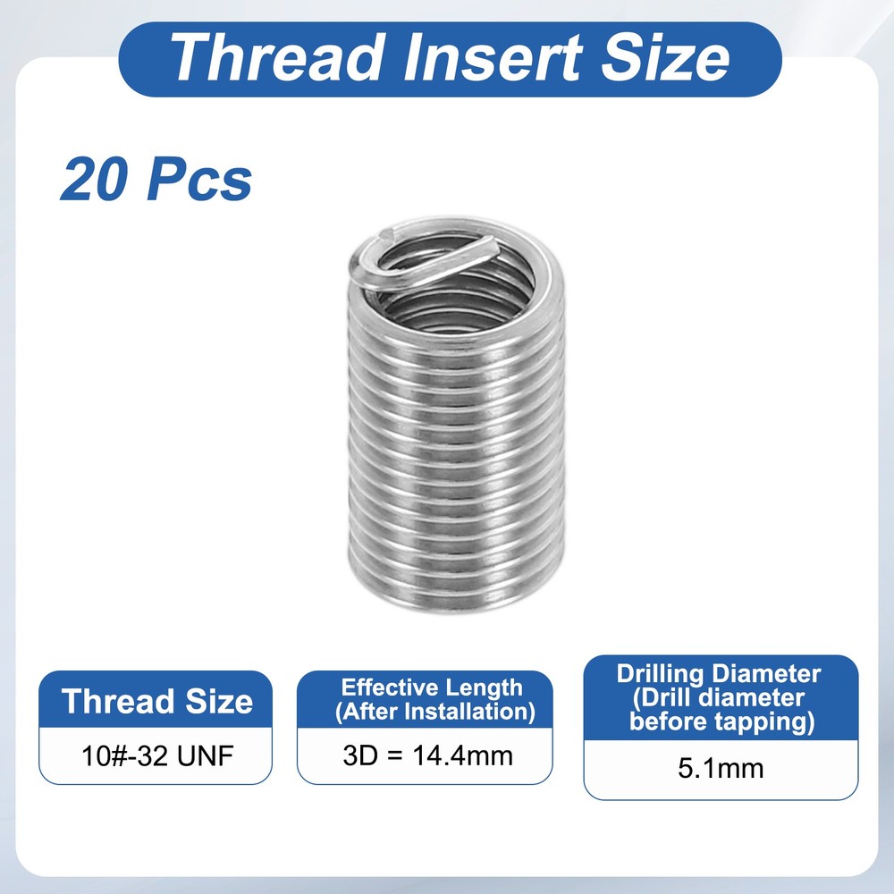 20pcs Wire Thread Inserts 10#-32 UNF 3D 14.4mm Helical Threaded Sleeve