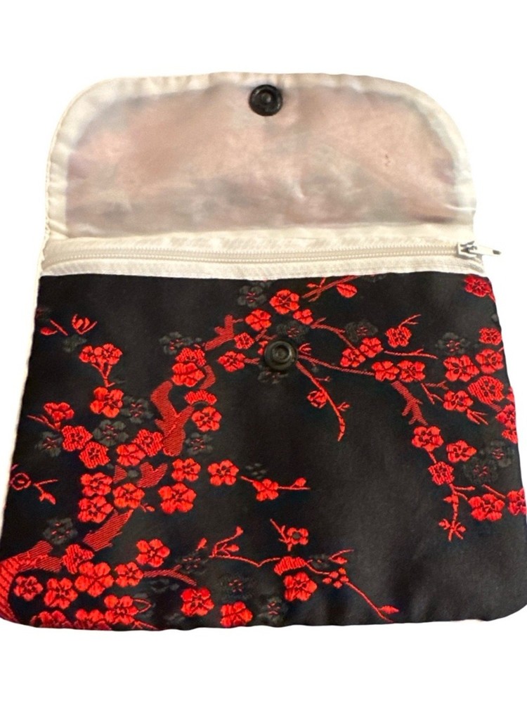 Source Unknown Black and Red Floral Satin Clutch