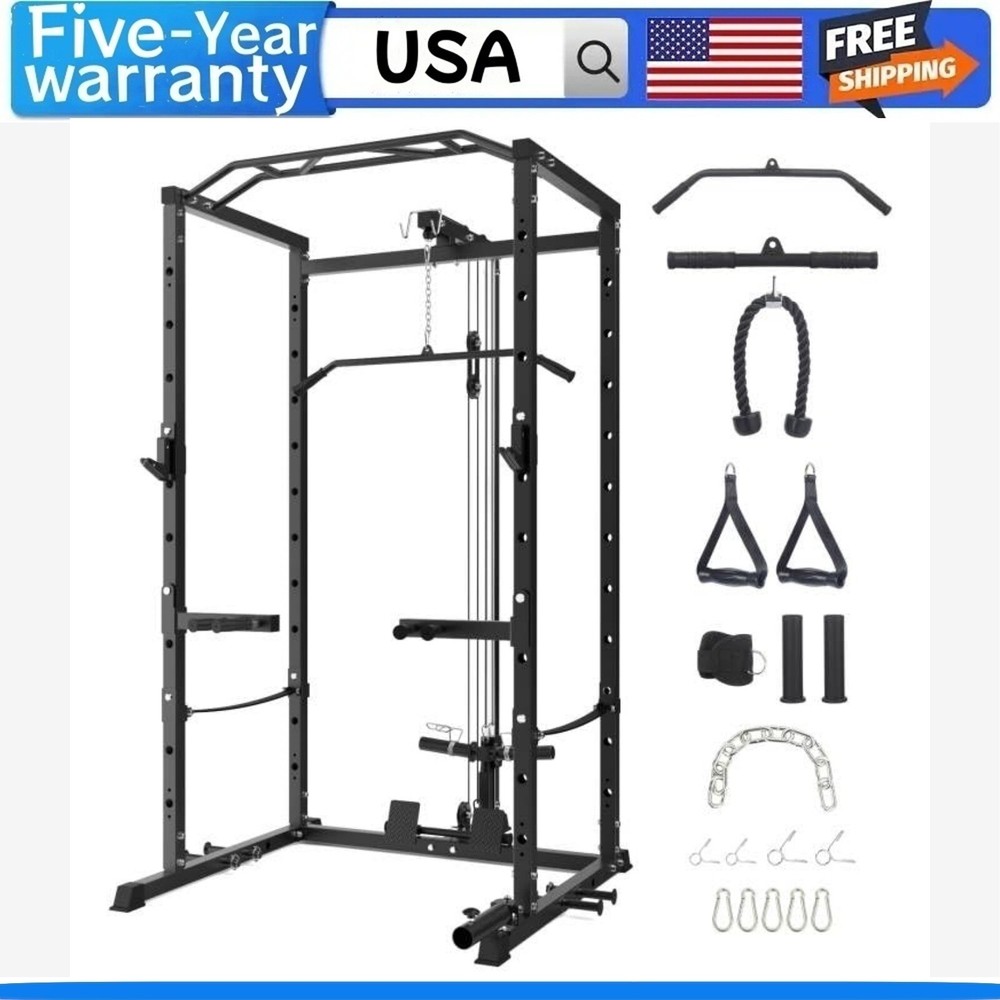 💯⭐1600 Power Cage W/LAT Pulldown Multi-Functional Power Rack W/Cable Pulley Sys