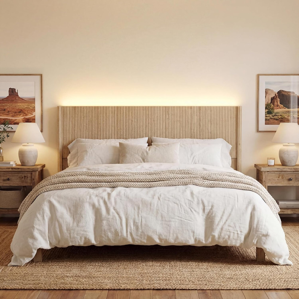 Queen Size Headboard Only, Modern Fluted Wall-Mounted Head Board with Lighting,