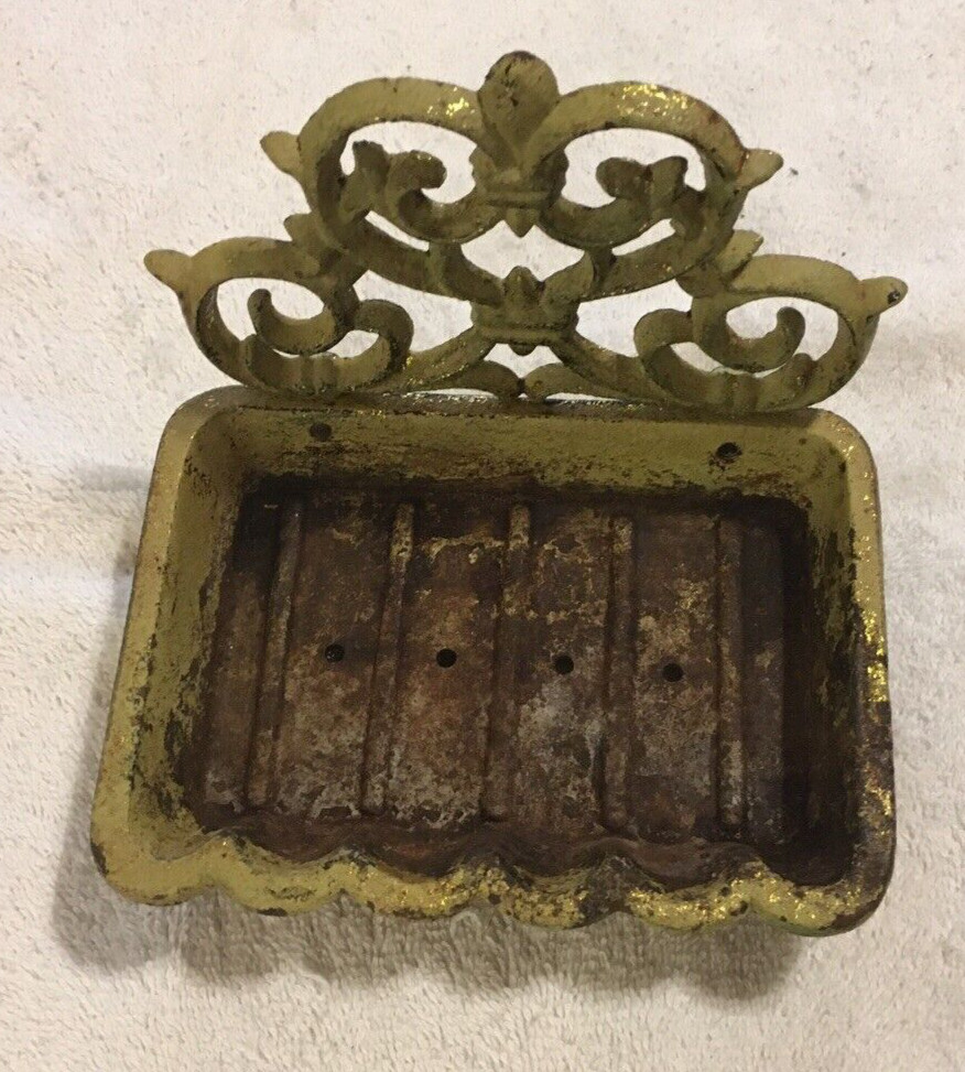 Vintage Rustic Cast Iron Soap Dish Painted Scroll Design