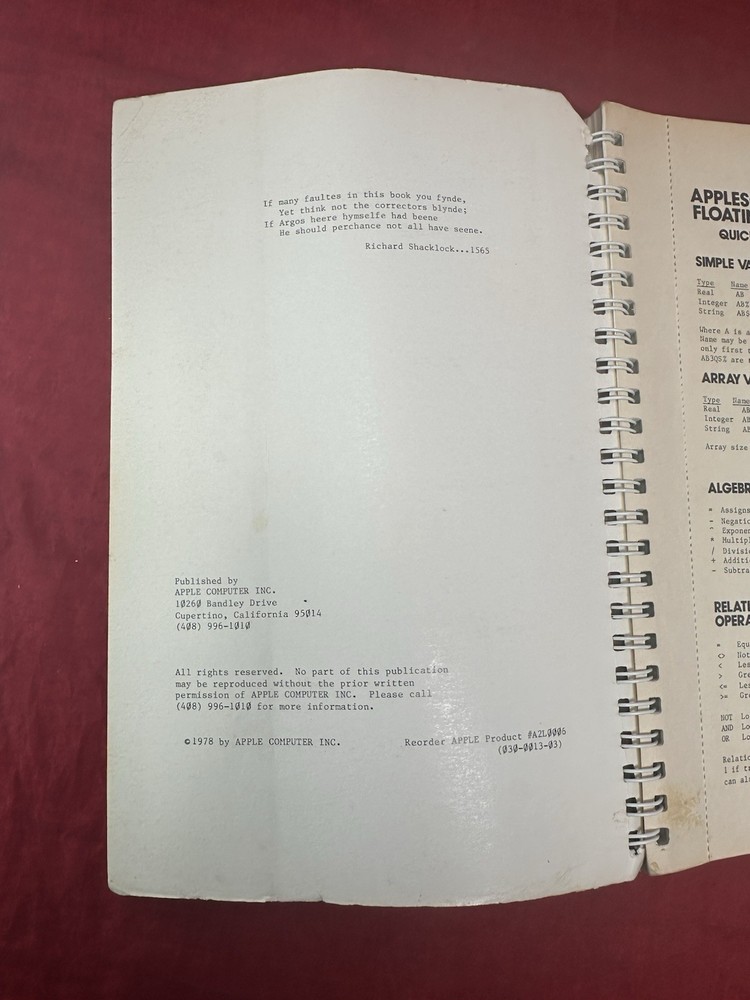 Applesoft II Basic Programming Reference Manual VTG 1978 w/ Foldout Spiral Book
