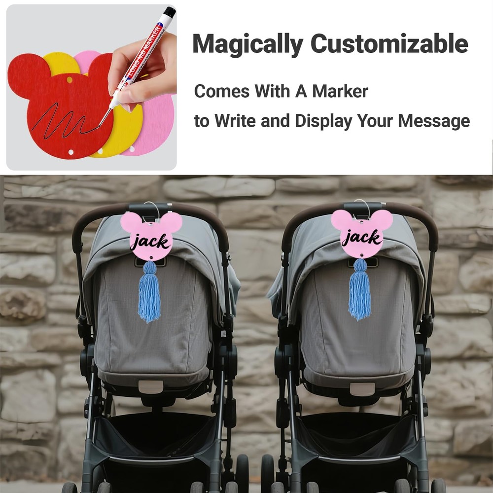 Stroller Identification Name Tag Pendant,Wood Hanger with Custom Pink