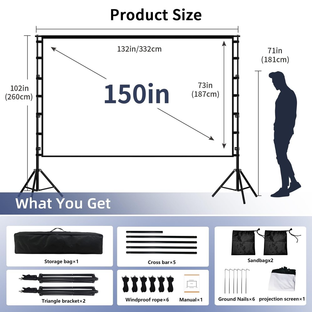 Projector Screen with Stand, 150 inch Portable and Foldable Projection Screen...