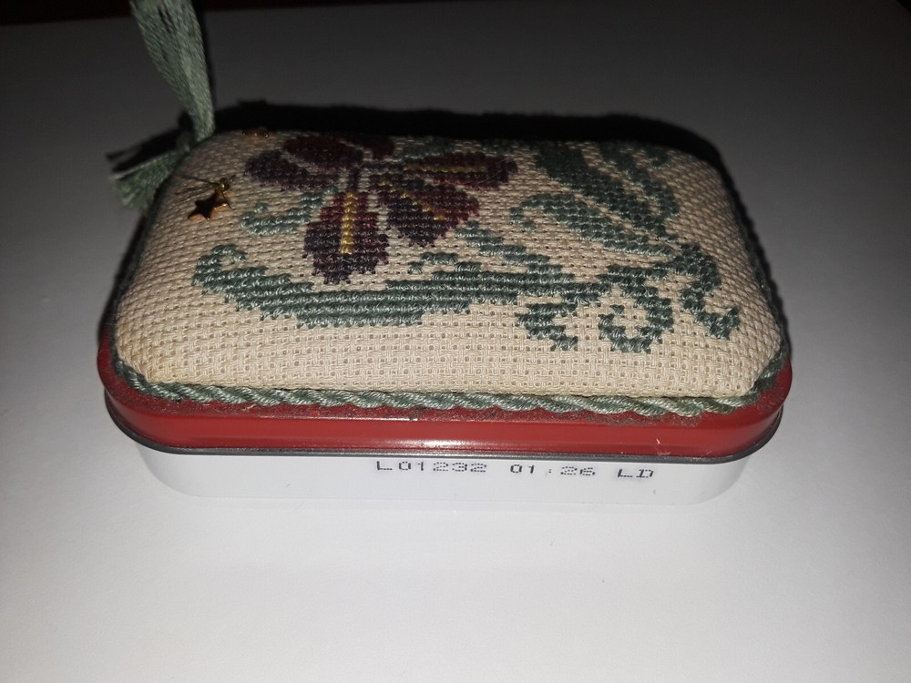 COMPLETED CROSS STITCH "IRIS" FLOWER NEEDLE CASE ALTOID'S TIN