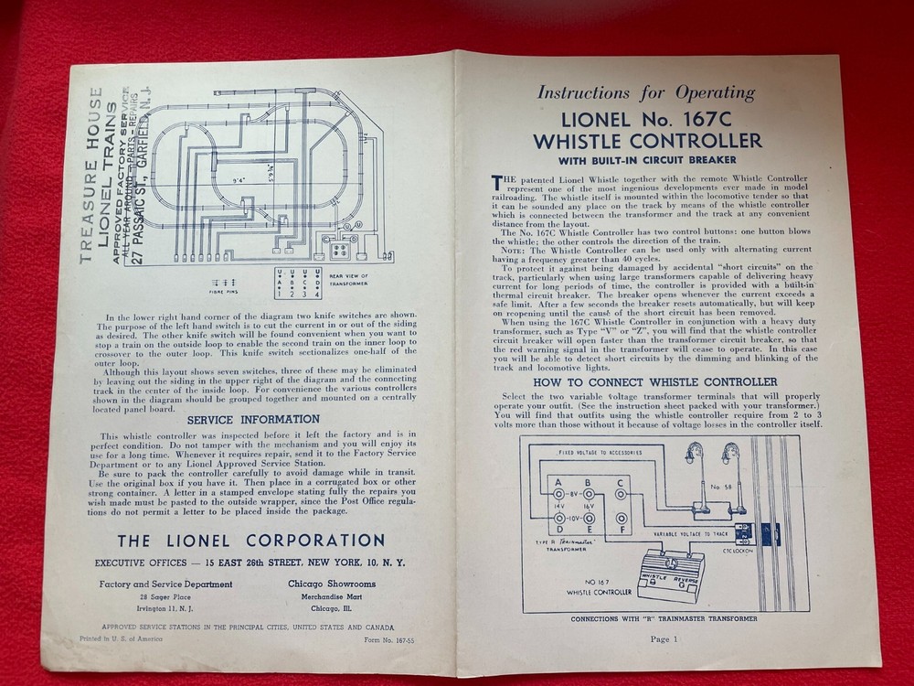 C8 LIONEL POSTWAR 167 WHISTLE CONTROLLER OPERATING INSTRUCTIONS 1955