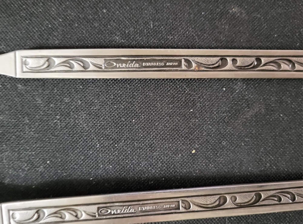 Vintage ONEIDA MCM Stainless Salad Spoon & Fork Serving Set Japan Scroll Pattern