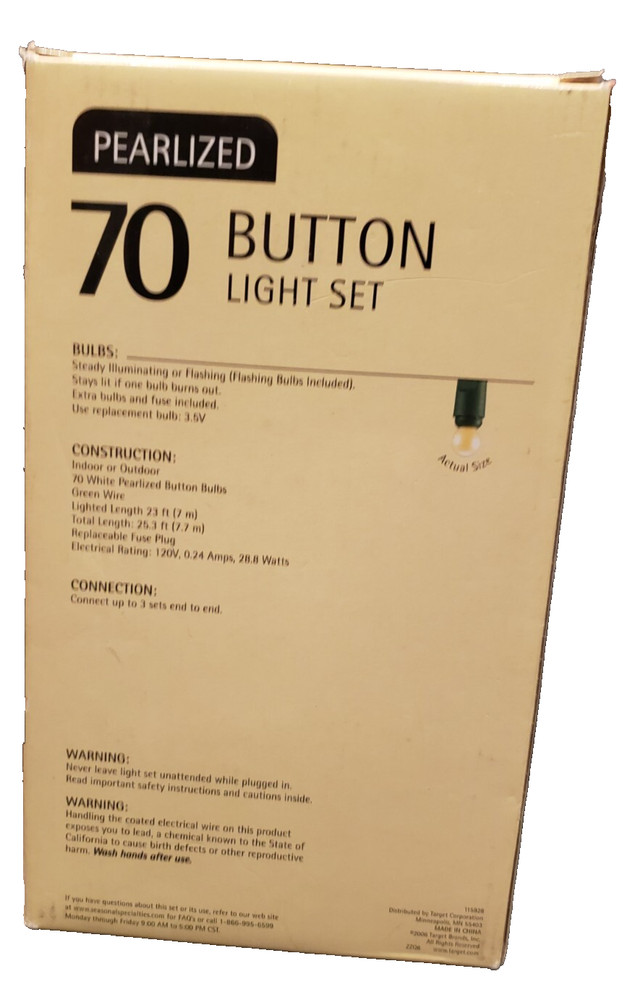 CLASSIC 2006 TARGET PEARLIZED WHITE BUTTON GLOBE 70 STRING LIGHT SET 25'~NEW~