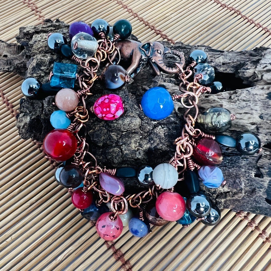 Gemstone Bead Copper Tone Elephant Closure Dangle Bracelet Boho MultiColor