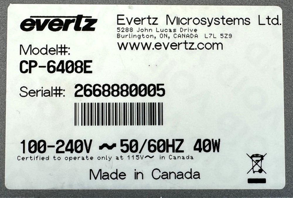 Evertz CP6408E Control Panel