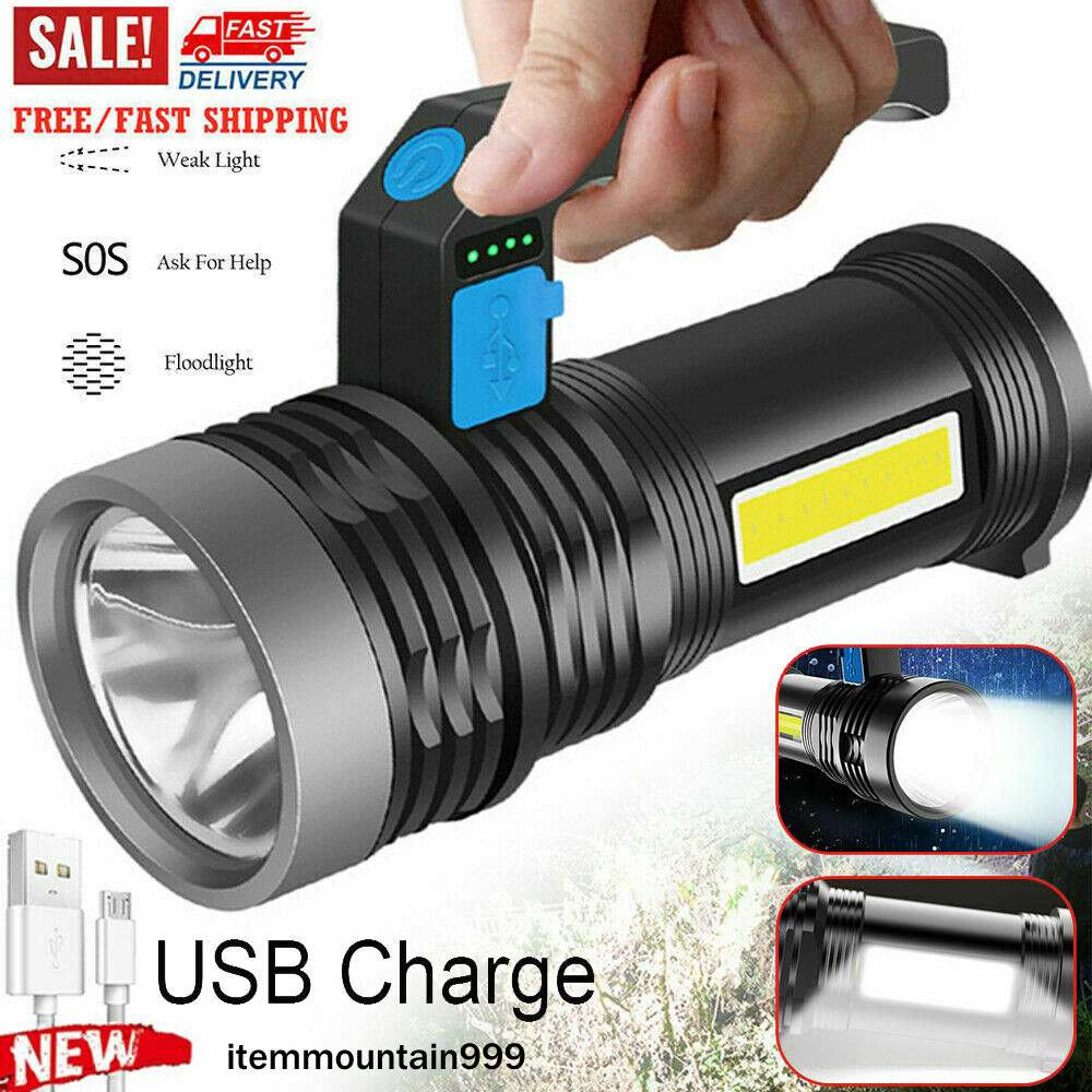 Handheld Flashlight LED Searchlight Rechargeable Torch w/USB Cable High Powered