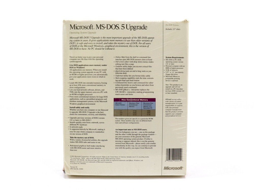Microsoft MS-DOS 5.0 Upgrade Includes 3.5" Disks - New Sealed