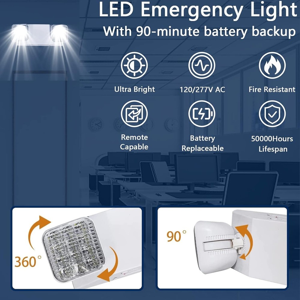 LED Emergency Exit Light Battery Backup & Adjustable Two Heads, UL 924-Listed