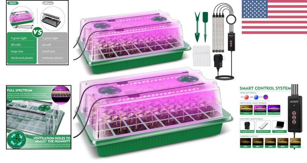 Adjustable Brightness & Smart Control Seed Starter Kit with 2 Trays - Indoor Use