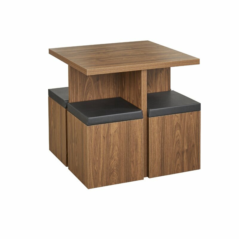 Walnut Brown Wooden 5 pc Dining Set 4 Storage Stools Table Kitchen Nook Dinette