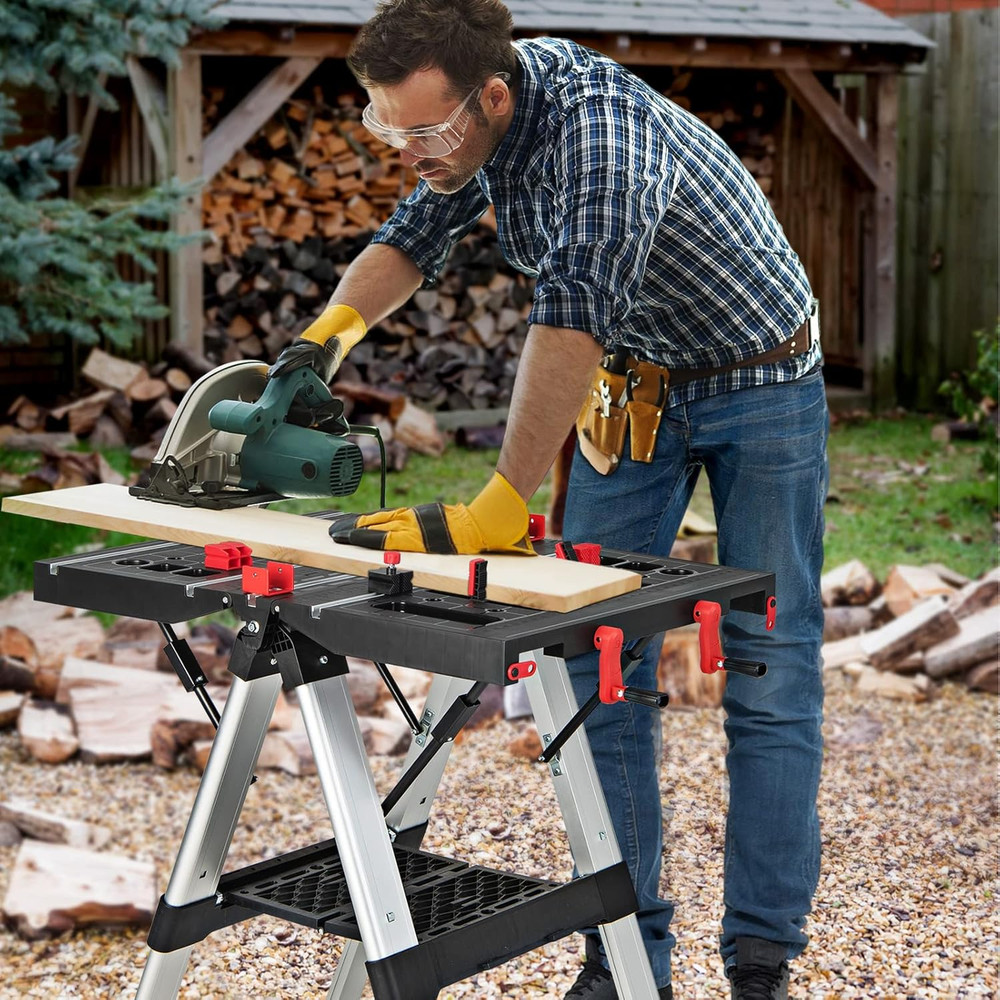 IRONMAX Folding Work Table, 2-In-1 Height Adjustable Workbench & Sawhorse W/Fold