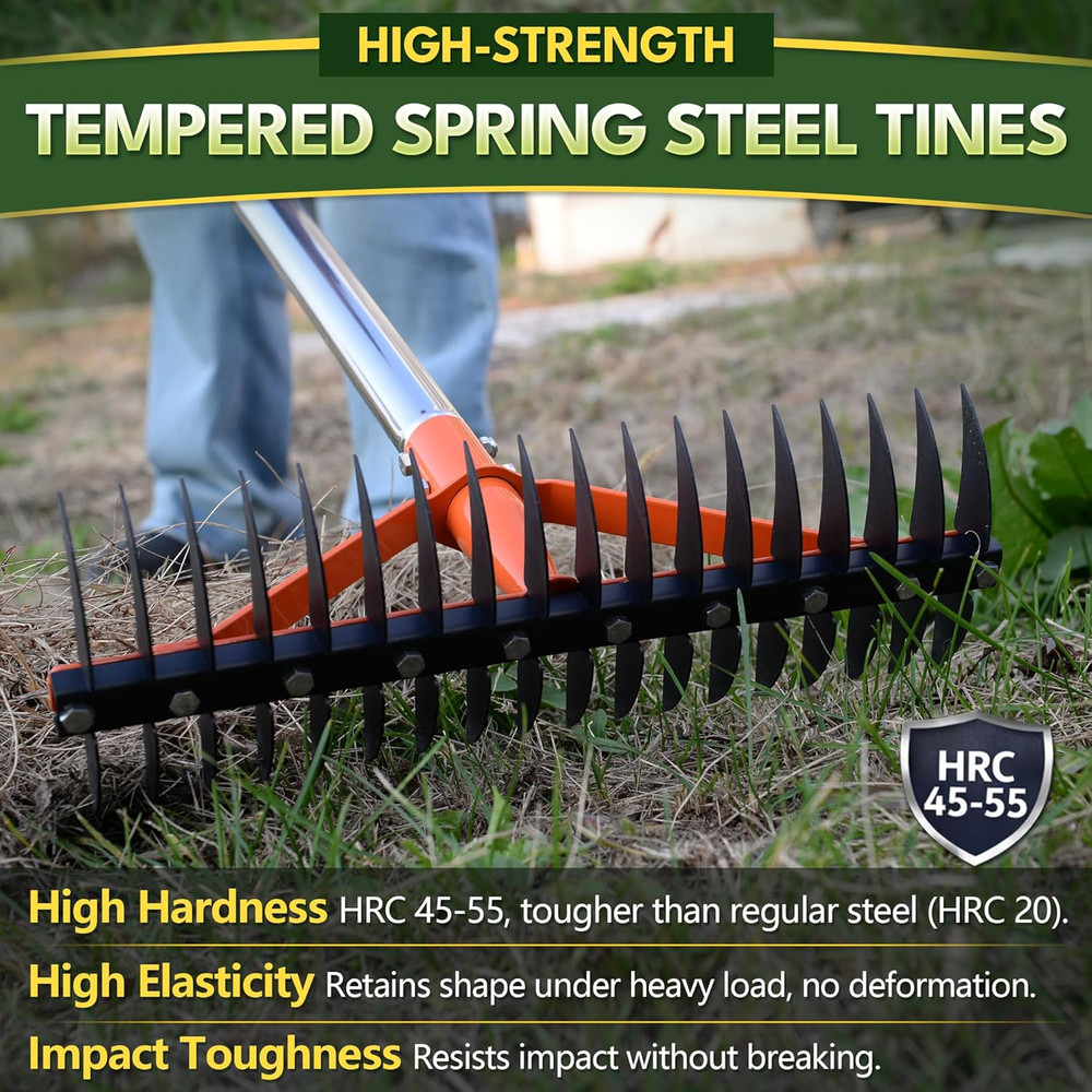 Thatch Rake for Lawns 18 Sharp Tempered Spring Steel Tines Dethatcher Rake Heavy