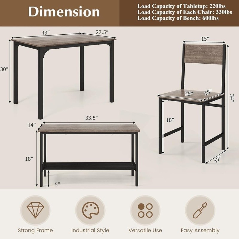 Heavy Duty Metal Dining Set 4 W/ Storage Solution & Space Saving Design New