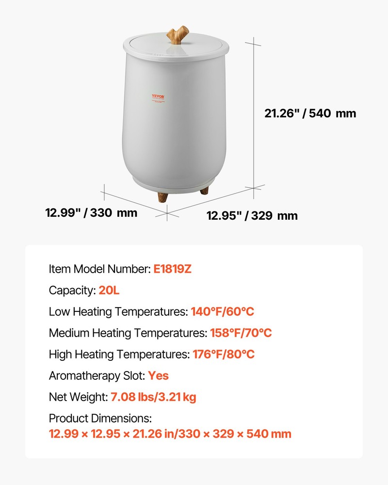 VEVOR 20L Towel Warmer Bucket with LED Light Timer and Temperature Setting Gray