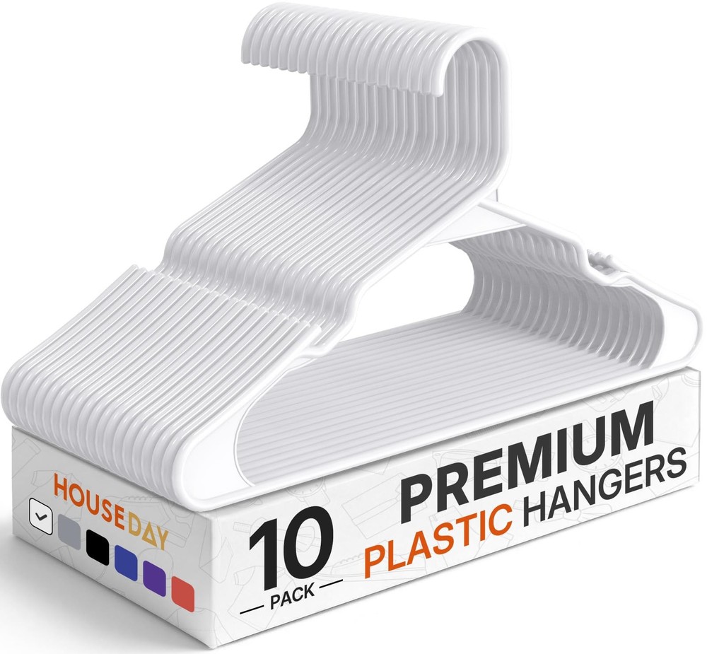 10 Pack White Premium Plastic Hangers Heavy Duty Space Saving Dorm Essential