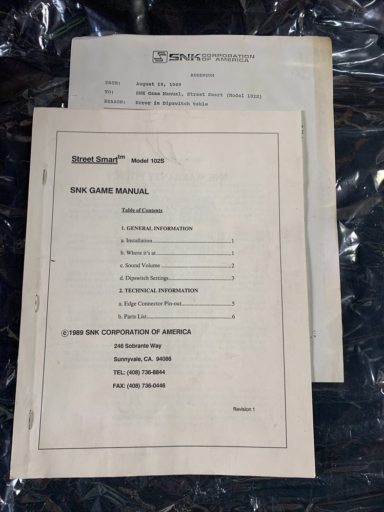 Original Street Smart SNK model 102S,￼arcade video game manual
