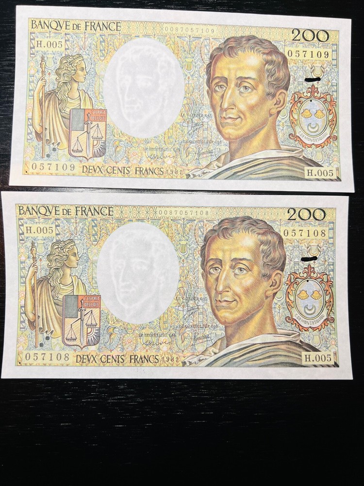 France banknote 200 Francs Montesquieu 1981 2 SEQUENTIAL NUMBERED NOTES UNC